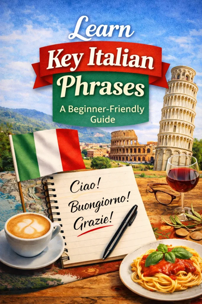 Pinterest pin reads Learn Key Italian phrases