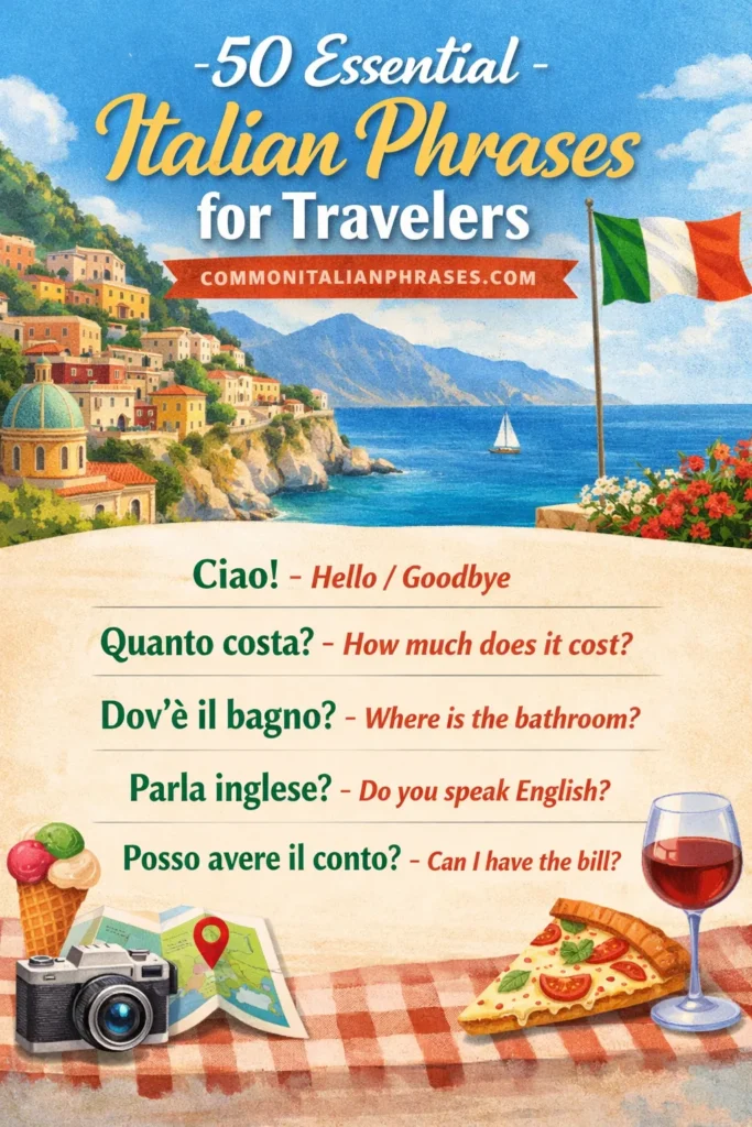 Pinterest pin for easy Italian phrases reads 50 Essential Italian Phrases for Travelers