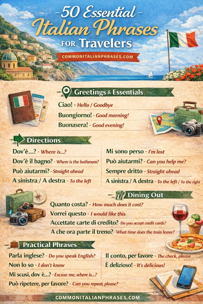 Infographic for Easy phrases in Italian reads 50 Essential Italian phrases for Travelers