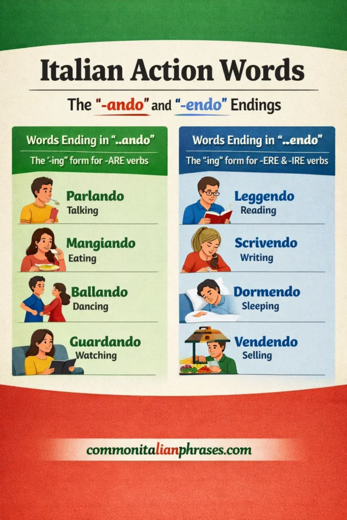 This infographic shows the common Italian words ending in either ando or endo. These are the doing words which end in ing in English
