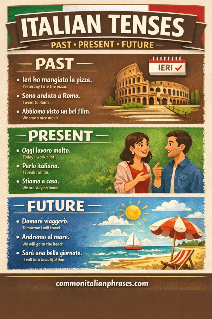 Pinterest pin shows the past, present and future tenses in these Italian basic words