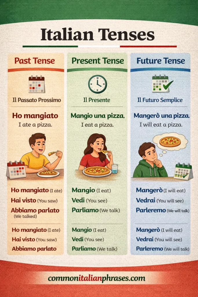 This infographic on Italian basic words shows the past, present and future tenses