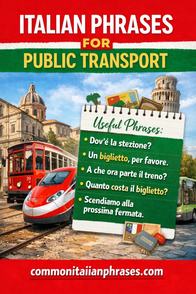 Pinterest pin for italian phrases for transport reads Italian phrases for public transport