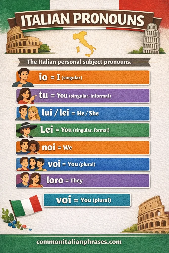 Pinterest pin about Italian pronouns gives all of the italian pronouns and their definitions in English
